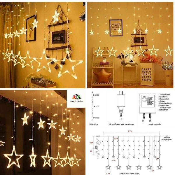 PESCA Decorative 6+6 Star Curtain LED Lights (Yellow, 2.5 Meter, 138 LED,Corded electric,Plastic,Oval)