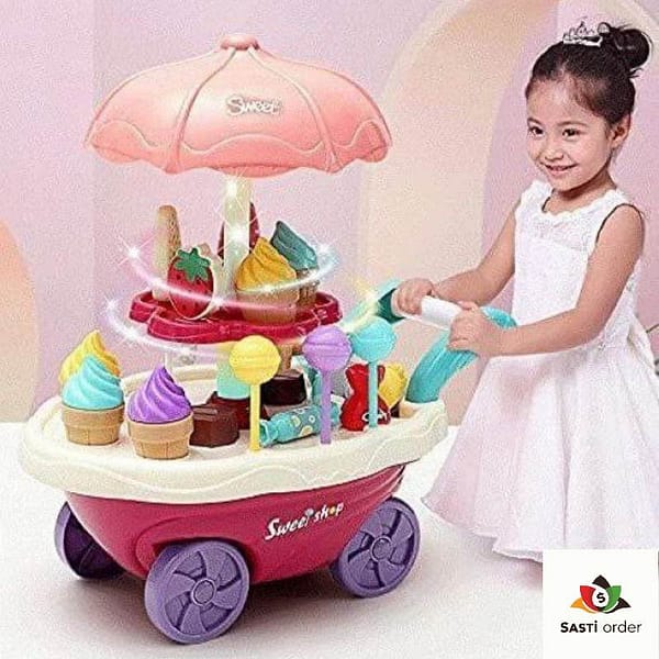 Mini ice cream cart toy for kids featuring colorful ice cream cones, scoops, and toppings, designed for imaginative play and interactive fun.
