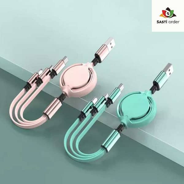 3 in 1 USB cable with USB-C, Lightning, and Micro USB connectors, designed for charging and syncing multiple devices conveniently.