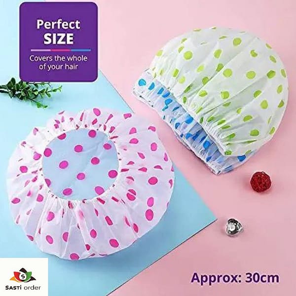 A stylish waterproof shower cap with an elastic band, designed to keep hair dry during showers and baths, available in various colors and patterns.