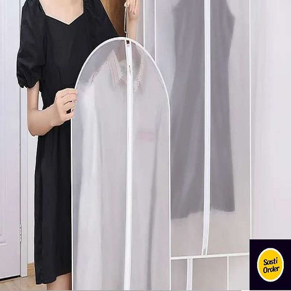 White Clear PVC Plastic Garment Bag with full-length zipper, designed for protecting suits and dresses. Transparent, durable, and waterproof, ideal for travel and closet storage.