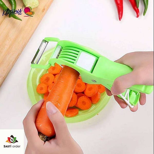Image of the tool displayed upright: "2-in-1 sharp stainless steel tool featuring a knife on one side and a bottle opener on the other." Image of the tool in use cutting: "Person using the 2-in-1 sharp stainless steel knife to slice through a fruit." Image showing the bottle opener function: "Close-up of the stainless steel tool opening a bottle cap with its built-in bottle opener." Image of the tool alongside food items: "2-in-1 sharp stainless steel tool placed next to fresh vegetables and a bottle, showcasing its versatility in the kitchen."