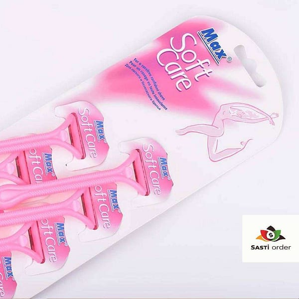 Image of the razor: "Soft Care Razor with an ergonomic handle and a moisturizing strip infused with aloe vera and vitamin E for sensitive skin