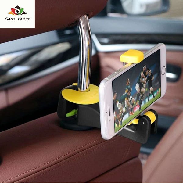 Image of the hooks installed in a car: "Universal Car Headrest Hooks installed on a vehicle's headrest, providing convenient storage for bags and jackets."