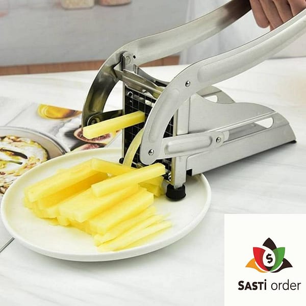 A sturdy French Fry Cutter with stainless steel blades, designed for effortlessly slicing potatoes into uniform fries, featuring a lever mechanism and non-slip base for easy and safe use.