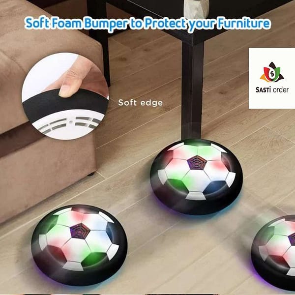 Toys LED Hover Soccer Ball gliding over a smooth surface with colorful lights illuminating the play area.