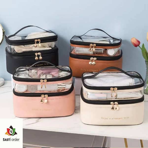 Double-Layer Cosmetic Bag in stylish design with compartments for organizing makeup and beauty products.