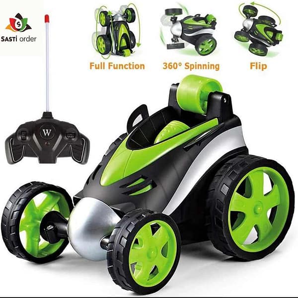 Brightly colored Stunt Car Kids Tumbling Vehicle Toy performing flips and stunts, showcasing its 4-wheel drive and remote control features.