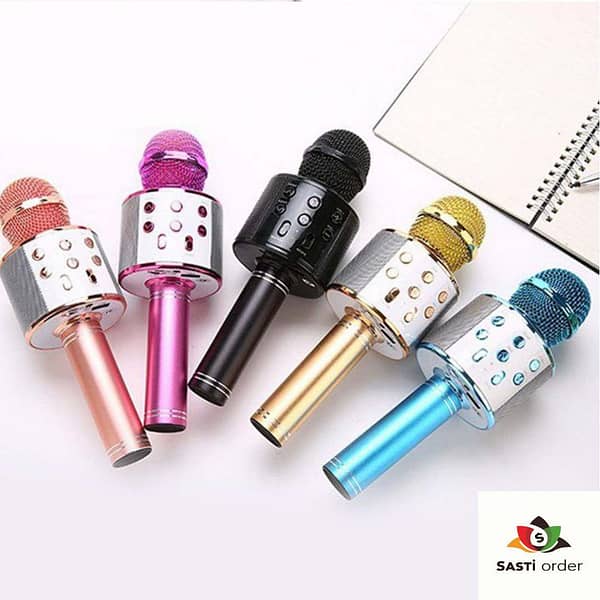 Karaoke Mic Speaker with built-in speakers and Bluetooth connectivity, designed for portable singing and entertainment.