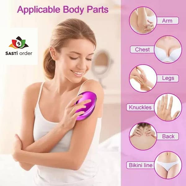 Painless Hair Eraser featuring a crystal surface and ergonomic design, perfect for gentle and effective hair removal on various body parts.