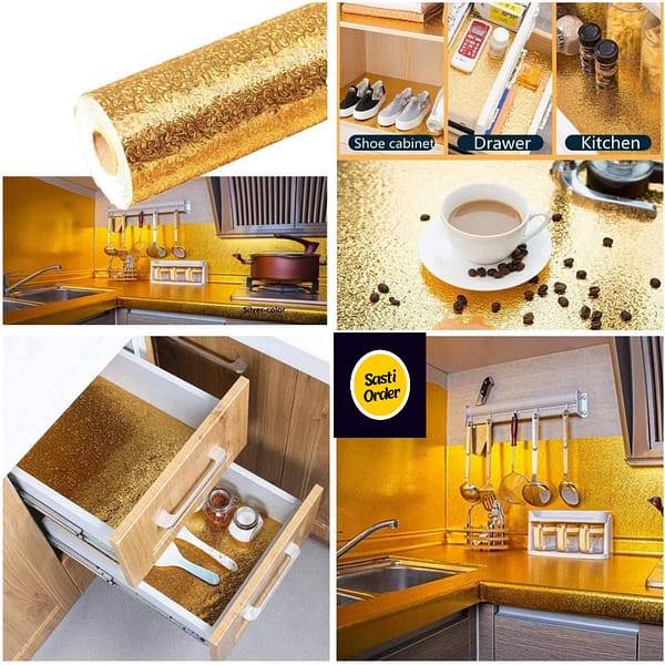 "Roll of Golden Kitchen Foil, durable and stylish for wrapping, baking, and grilling."