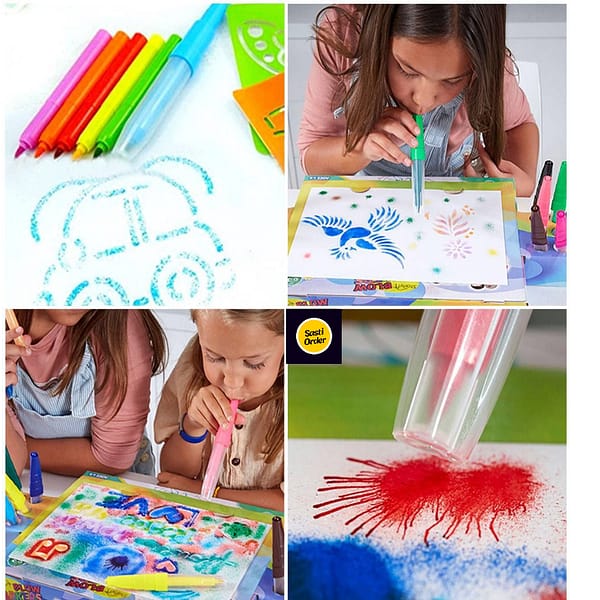 Spray Blow Marker in vibrant colors, designed for kids to create art by blowing into the marker for fun spray effects