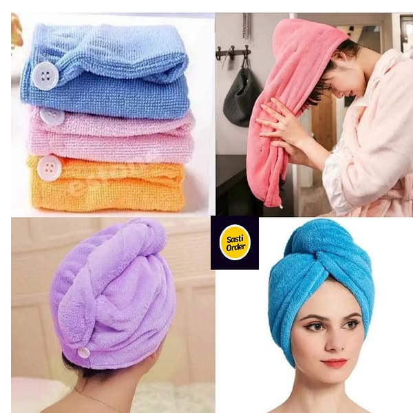 Soft microfiber hair wrap designed for quick drying and frizz reduction, secured with a loop for a snug fit on all hair types.
