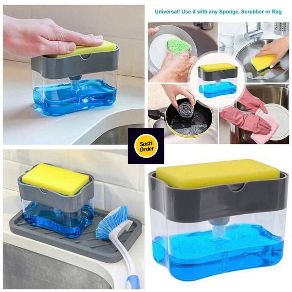 A Soap Pump Sponge featuring an integrated soap dispenser and a high-quality sponge, designed for efficient cleaning. The sleek and compact design allows for easy dispensing of liquid soap directly onto the sponge, ideal for washing dishes and cleaning surfaces. Refillable and reusable, this accessory helps reduce countertop clutter while enhancing your cleaning routine.