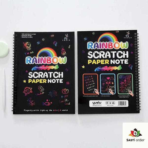 "A stack of big rainbow scratch paper sheets with a black matte surface, showcasing vibrant rainbow colors peeking through."