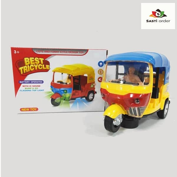 A colorful Auto Rickshaw Toy featuring musical tunes and vibrant LED lights, designed for interactive play and battery-powered fun for kids.