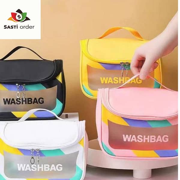 "Colourful transparent portable cosmetic travel washbag with multiple compartments, designed for organizing makeup and toiletries while traveling."