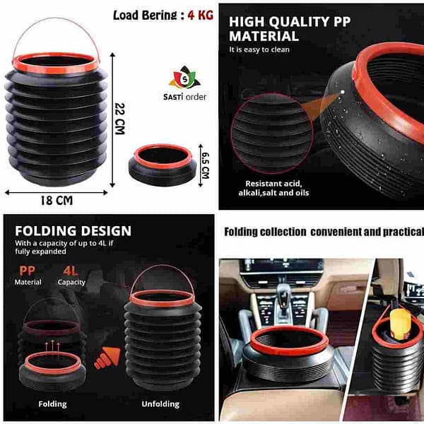 Foldable trash can in a modern kitchen, showcasing its compact design and vibrant color.