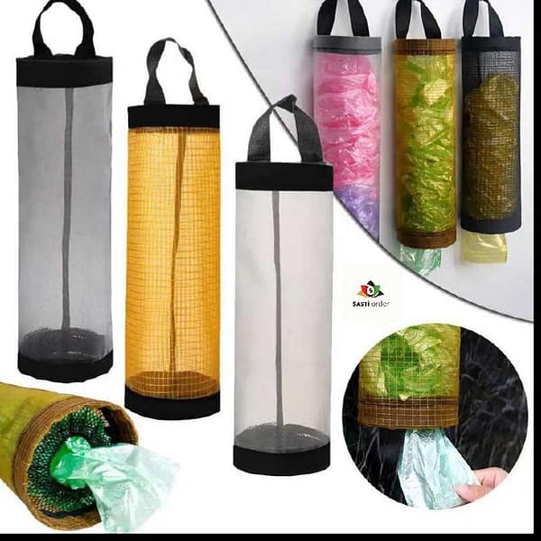 "Mesh grocery bag holder hanging trash bag designed for organizing grocery bags and providing a convenient waste disposal solution."