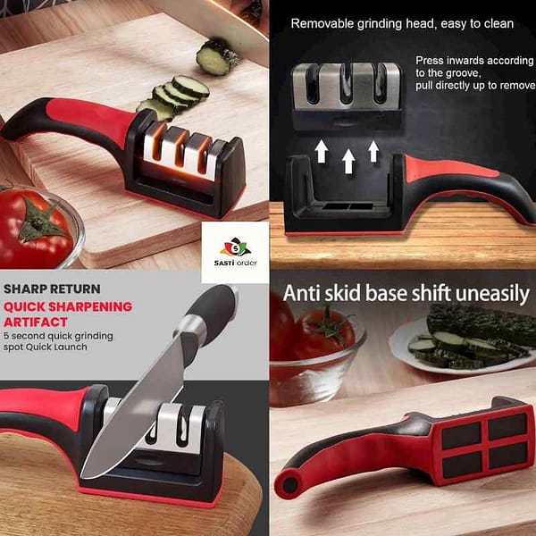 Manual Knife Sharpener with dual slots for coarse and fine sharpening, designed for safe and efficient blade maintenance in the kitchen.