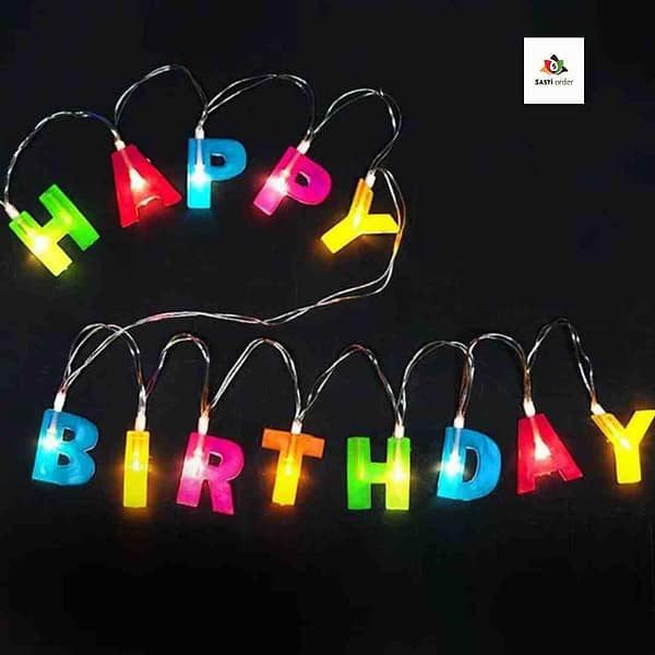 "Colorful Happy Birthday LED string light with illuminated letters, perfect for party decorations."