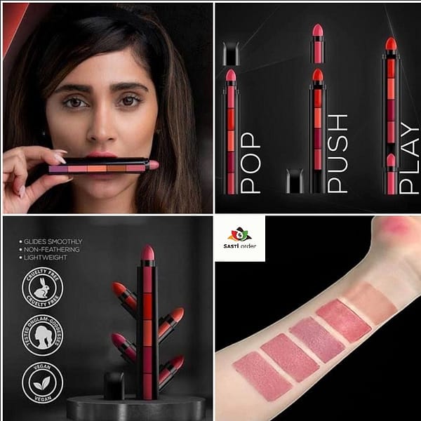 "5 in 1 Huda Matte Lipstick palette showcasing five vibrant shades, designed for versatile lip looks with a long-lasting matte finish."