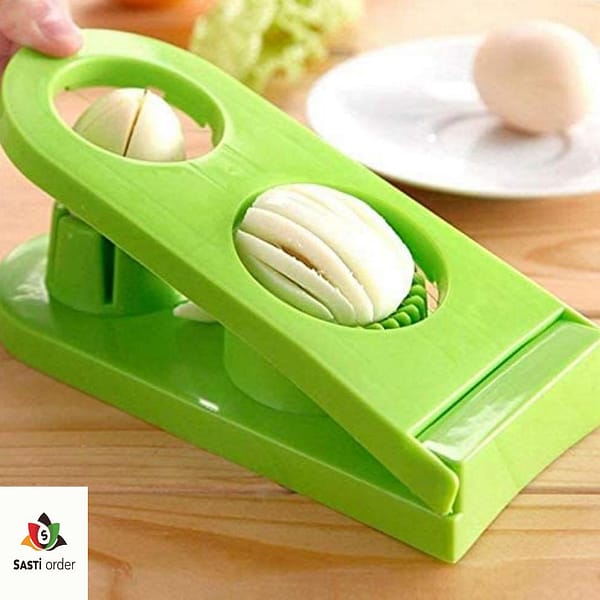"2 in 1 egg slicer designed to effortlessly cut hard-boiled eggs into uniform slices and wedges, featuring a durable design and ergonomic grip for easy use."