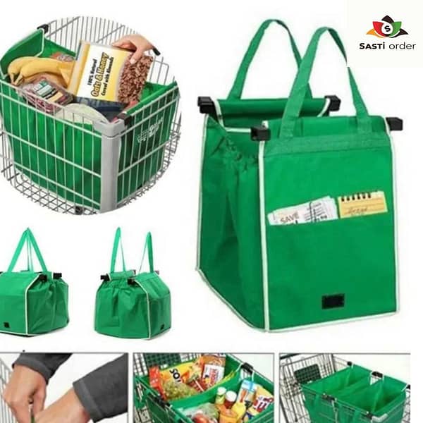 Durable shopping cart bag designed for easy grocery transport, fitting securely in most shopping carts.