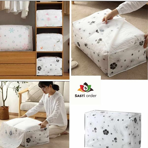 Quilt Storage Bag with transparent window and handles, designed to protect and organize quilts and bedding.