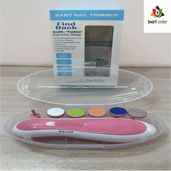 "Multi-Use Baby Manicure Electric Kit with gentle filing heads for safe nail care."