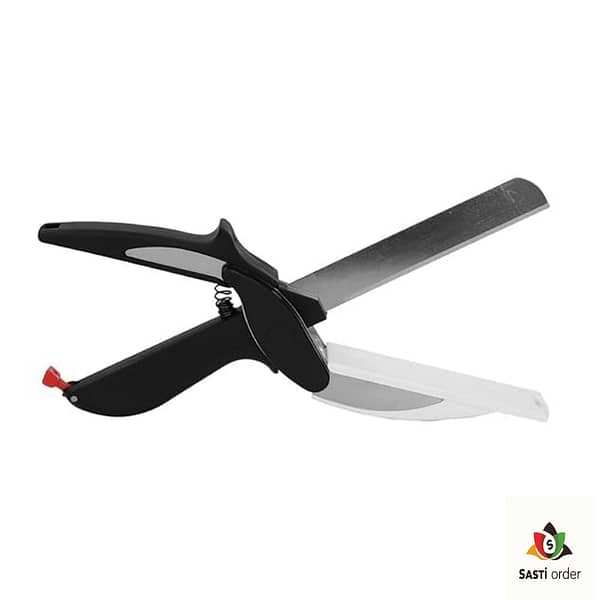 "Clever Cutter 2-in-1 kitchen tool featuring a sharp stainless steel blade and built-in cutting board, designed for easy slicing and dicing of fruits, vegetables, and meats."