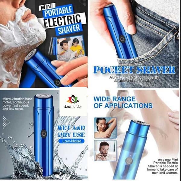 Mini portable blue trimmer designed for precise grooming, featuring ergonomic grip and stainless steel blades.