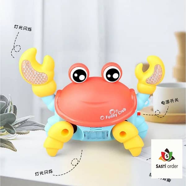 Funny electric crab toy with colorful leash, vibrant lighting, and playful music, designed for interactive play and entertainment.