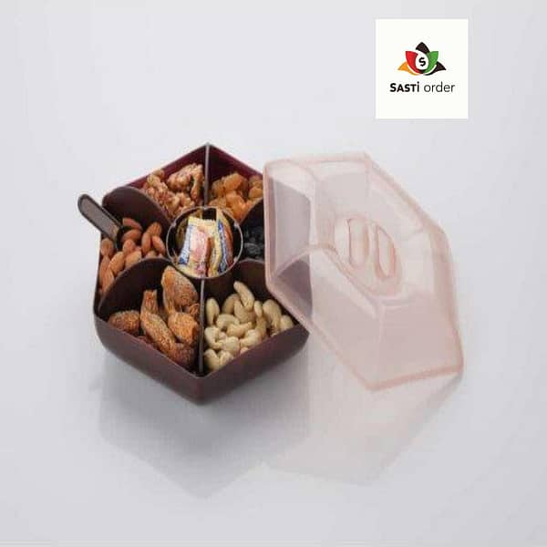Hexagon 6-in-1 Dry Fruit Box with lid, featuring six compartments for organized snack storage in a stylish, compact design