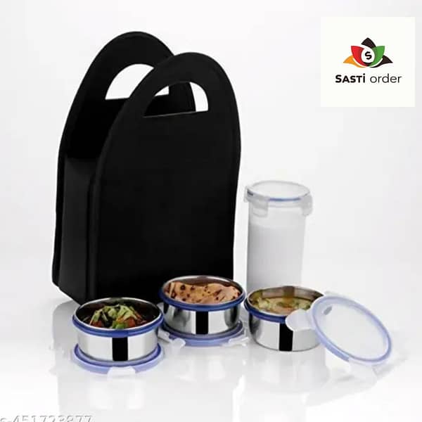 "Lunch Box with 3 Push-Up Airtight Containers, designed to keep meals fresh and organized for on-the-go convenience."