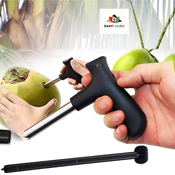 Coconut Opener with ergonomic handle and stainless steel blade, designed to easily open fresh coconuts.