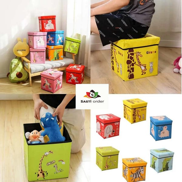 Folding Storage Organizer Ottoman Stool with cute 3D creative design, featuring a cushioned seat and spacious interior for toys, books, and essentials.