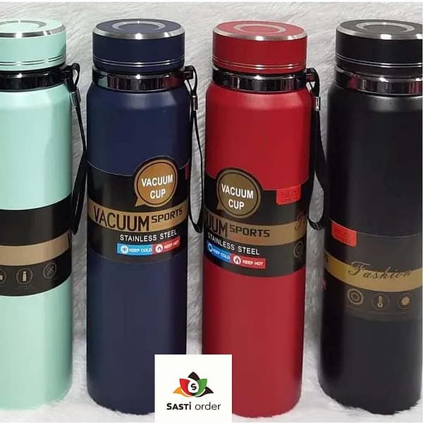 "Sports Vacuum Insulated Stainless Steel Water Bottle with a wide mouth opening and leak-proof lid, designed to keep drinks cold for 24 hours and hot for 12 hours."