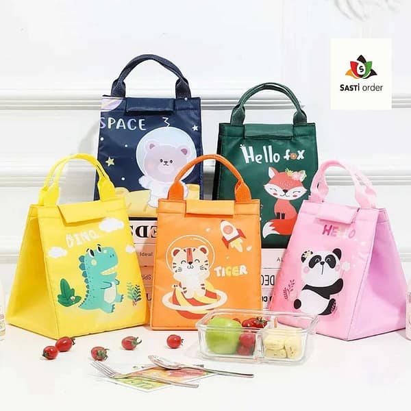 Colorful portable lunch bag with insulated lining, designed to keep meals fresh and secure, perfect for on-the-go use.