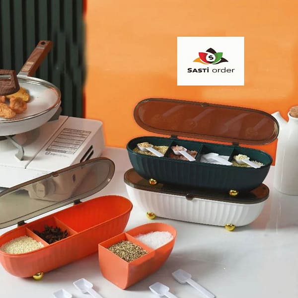 4 Grid Masala Box with transparent lid for organized storage of spices, herbs, and seasonings in the kitchen.