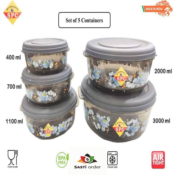 5 Pc Round Box Storage Set with stackable round containers featuring secure lids, perfect for organizing food, crafts, and small household items.