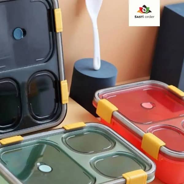 Tokyo Lunch Box with 3 compartments, made of durable plastic, featuring a leak-resistant lid and vibrant design, perfect for organized meals on the go.