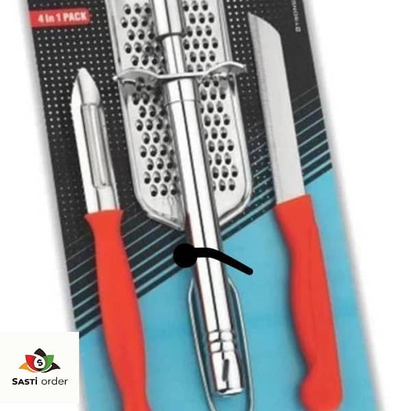 4 in 1 Combo Steel Tool featuring a lighter, knife, peeler, and grater, designed for kitchen tasks, travel, and outdoor use.