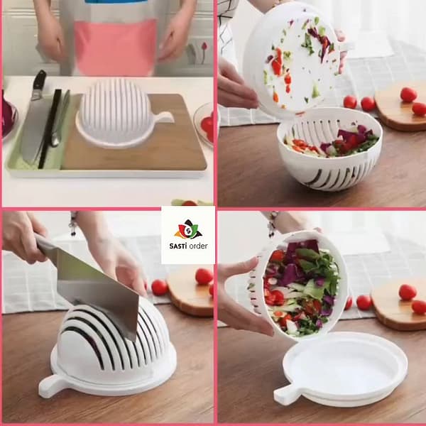A convenient 3-in-1 fruit and vegetable salad cutter bowl with a slotted design, perfect for rinsing, slicing, and serving fresh salads quickly and efficiently.
