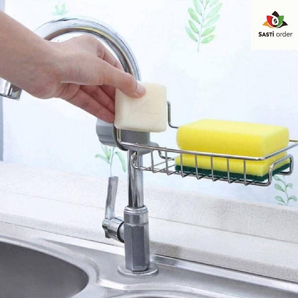 Sink faucet stand with multiple tiers for organizing soap, sponges, and hand towels, featuring a sleek and durable design.