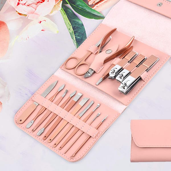 Yindella 16 pcs Stainless Steel Nail Care Tools Pink Manicure Set
